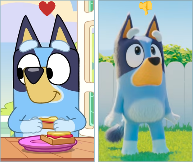 Vergleich: Bluey im Serien-Look und in der neuen CG-Version des Kinofilms