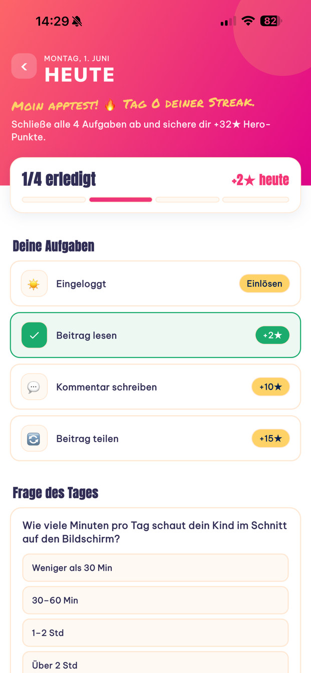 Tägliche Aufgaben und Frage des Tages in der DADDYHERO App