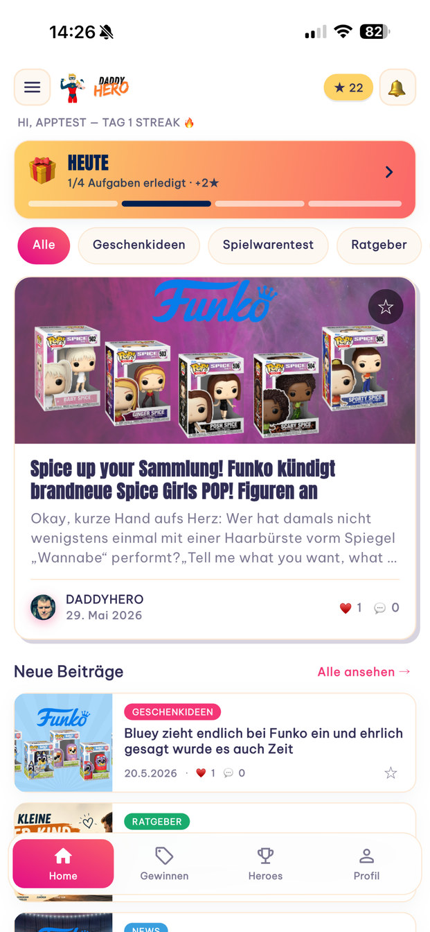 DADDYHERO App – Home-Feed mit Beiträgen und Tagesaufgaben