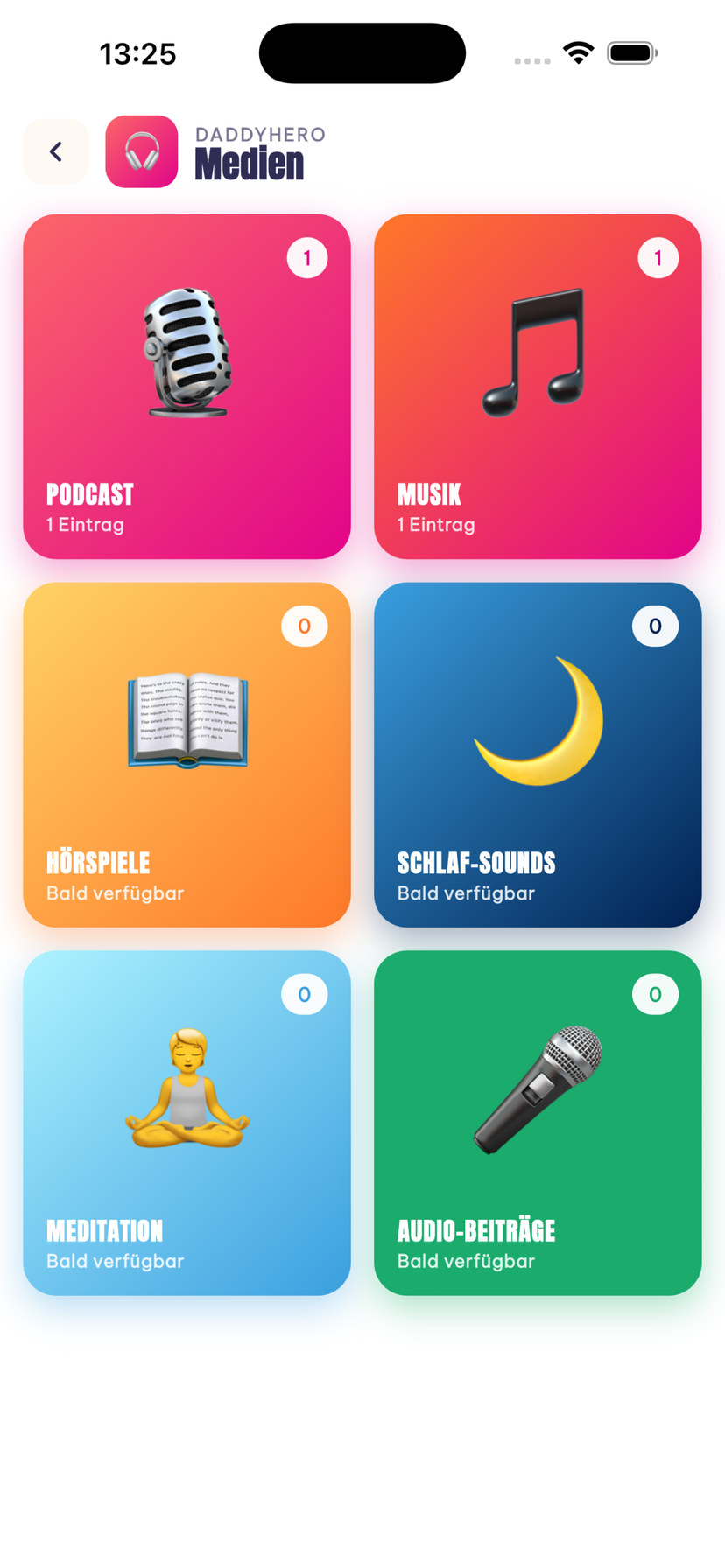Medienbereich der DADDYHERO App: Podcast, Musik, Hörspiele, Schlaf-Sounds