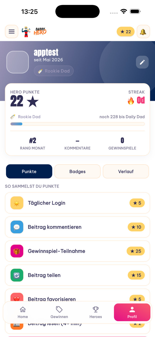 Profil mit Hero-Punkten, Level und Streak in der DADDYHERO App